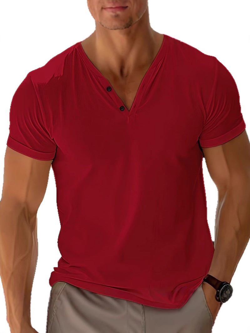 Men's casual blue V-neck short-sleeve shirt with button placket, breathable cotton everyday fit