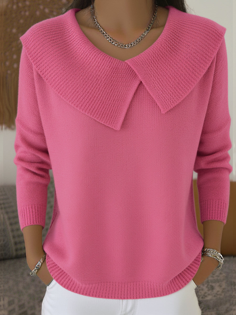 Women's oversized collar V-neck sweater with draped silhouette, effortless chic structured neckline