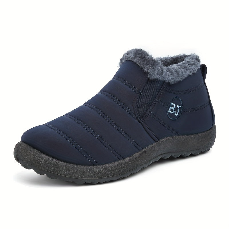 Women's slip-on winter ankle boots with warm fleece lining and flat sole for cold weather comfort