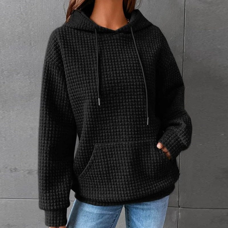 Women's quilted hoodie relaxed fit with drawstring hood kangaroo pocket and ribbed trim