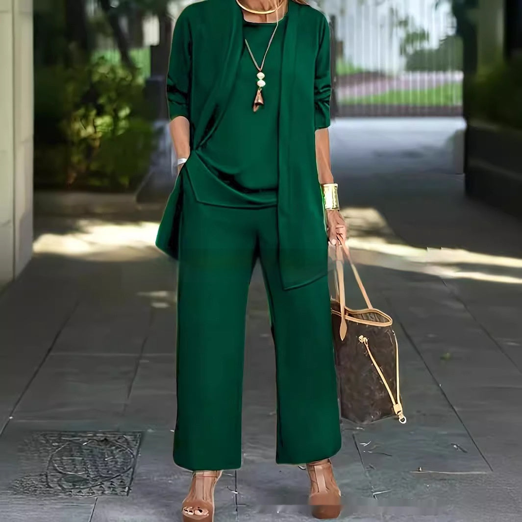 Women's elegant ivory sleeveless top long jacket wide-leg pantsuit set with round neckline capsule look