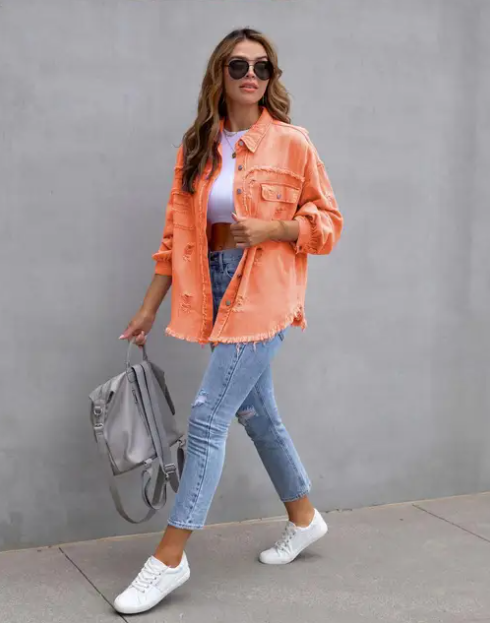 Women's blue denim jacket bohemian relaxed fit with classic silhouette perfect for spring summer