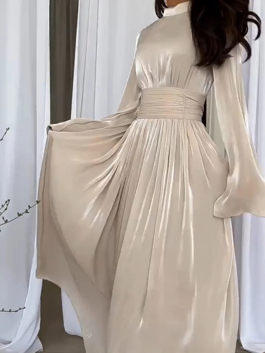 Hasna women's elegant long formal dress refined silhouette flowing fabric with fitted waist belt
