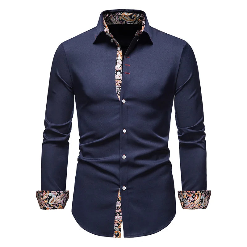 White fitted dress shirt with contrast printed collar and cuff detailing for a polished professional look