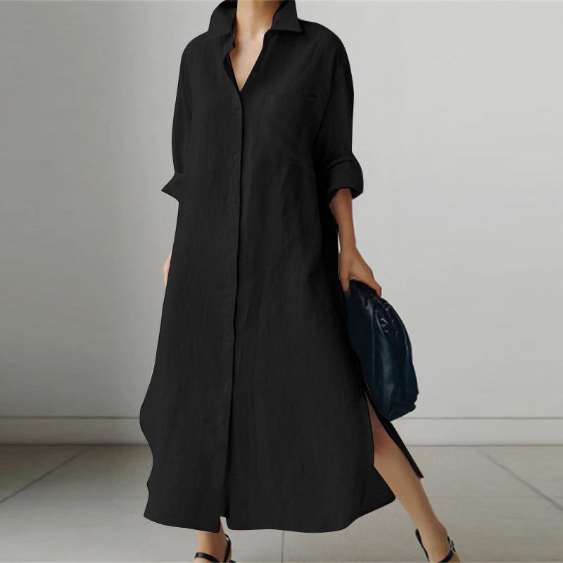 Olympe midi shirt dress with button-up front, structured silhouette in timeless chic style for women