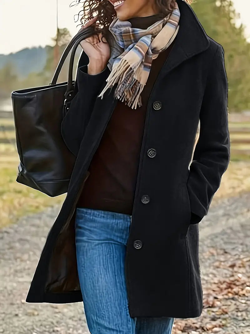 Women's classic tailored winter button-up coat in elegant silhouette with refined front closure