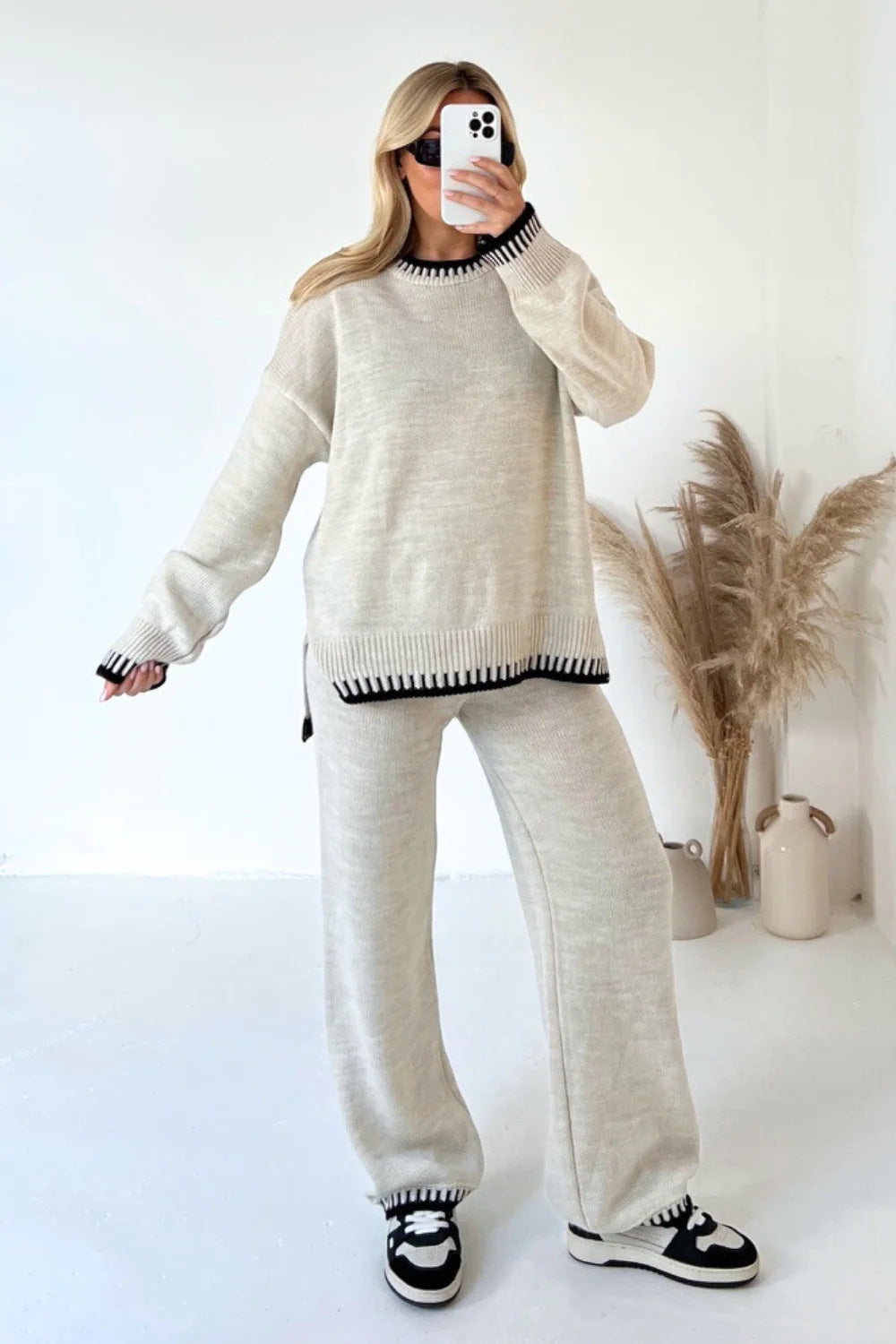 Women's knit two-piece sweater and pants set loose fit cozy lounge style matching coordinates