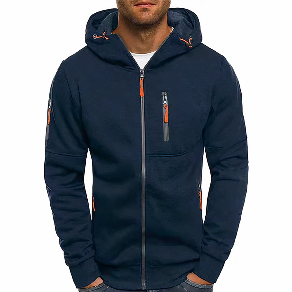 Men's lightweight urban zip-front hoodie with adjustable contrast drawcord hood and practical pockets