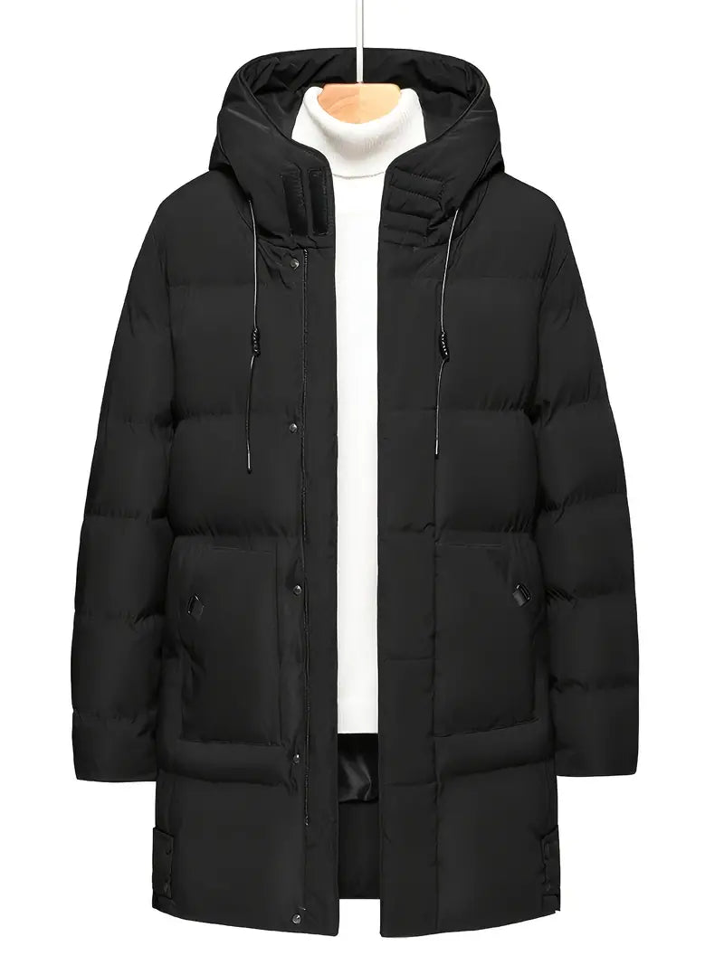 Men's navy padded winter jacket with zip-up hood, insulated all-weather coat for outdoor wear