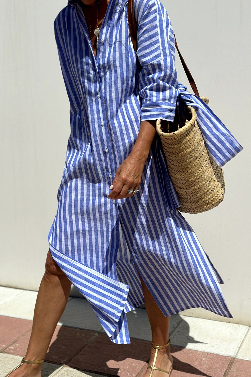 Women's striped shirt dress relaxed oversized fit full button-down closure breathable warm weather style