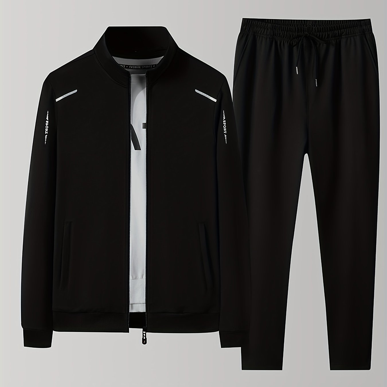 Men's zip-front tracksuit two-piece set in casual athletic style with full-length zipper