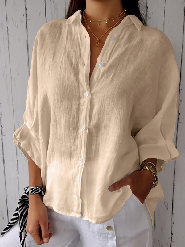 Unisex cotton linen casual shirt solid color long sleeve lapel collar breathable all-season relaxed fit
