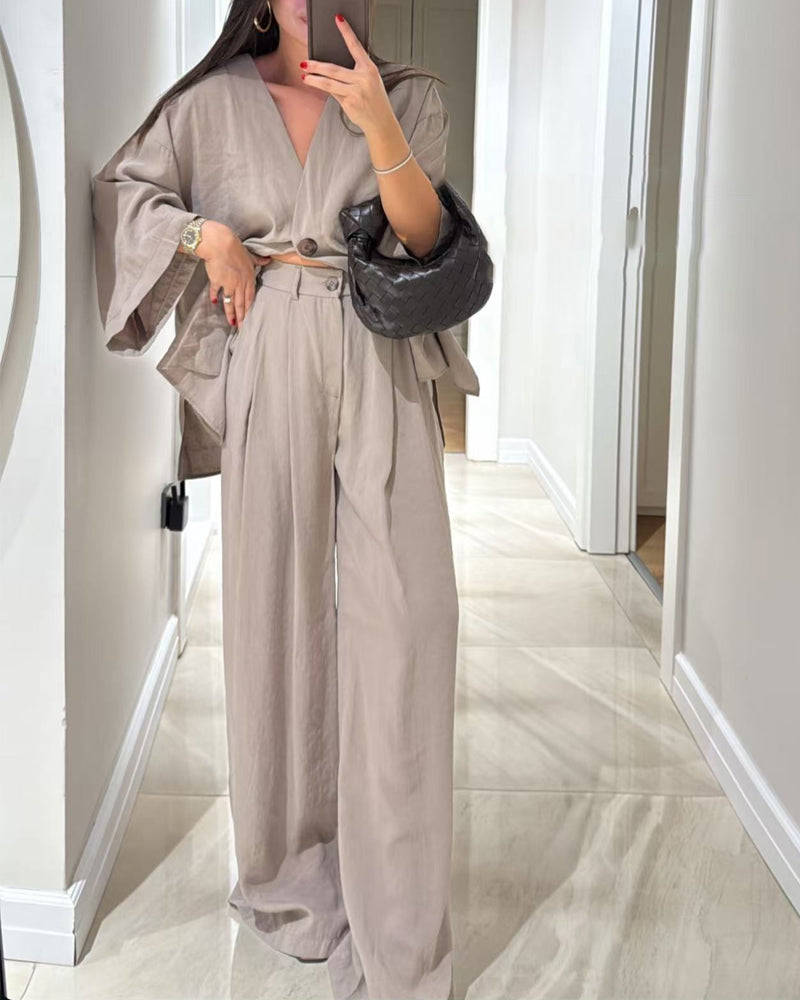 Women's solid casual V-neck top and pants two-piece polyester set relaxed fit everyday wear