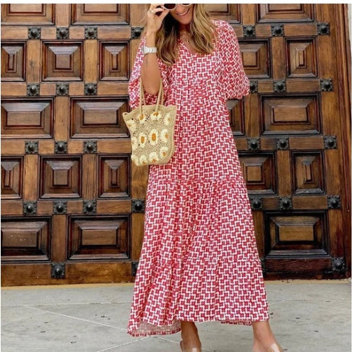 Women's bohemian floral midi dress green vintage V-neck flutter sleeves flowy silhouette