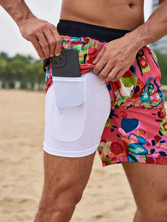 Men's drawstring beach shorts tropical palm print bold coastal style comfortable fit