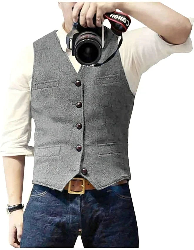 Men's blue denim blazer vest V-neck sleeveless smart casual layer for office and weekend wear
