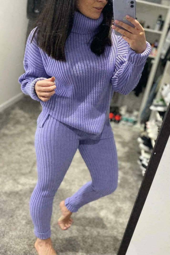Women cozy plush knit polo collar loungewear set with matching leggings for all-day soft comfort