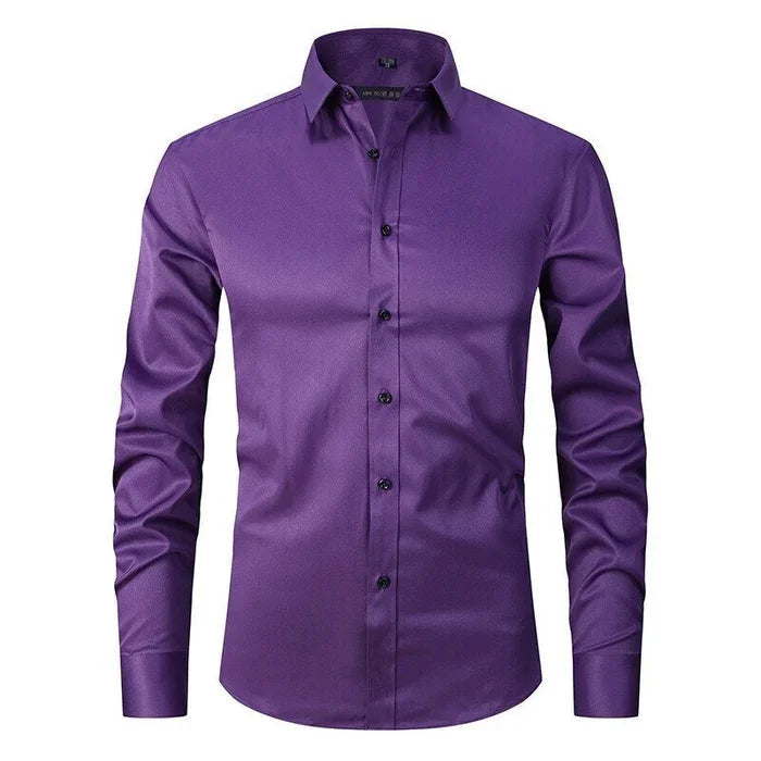 White slim fit men's dress shirt with breathable stretch fabric and non-iron button-front closure
