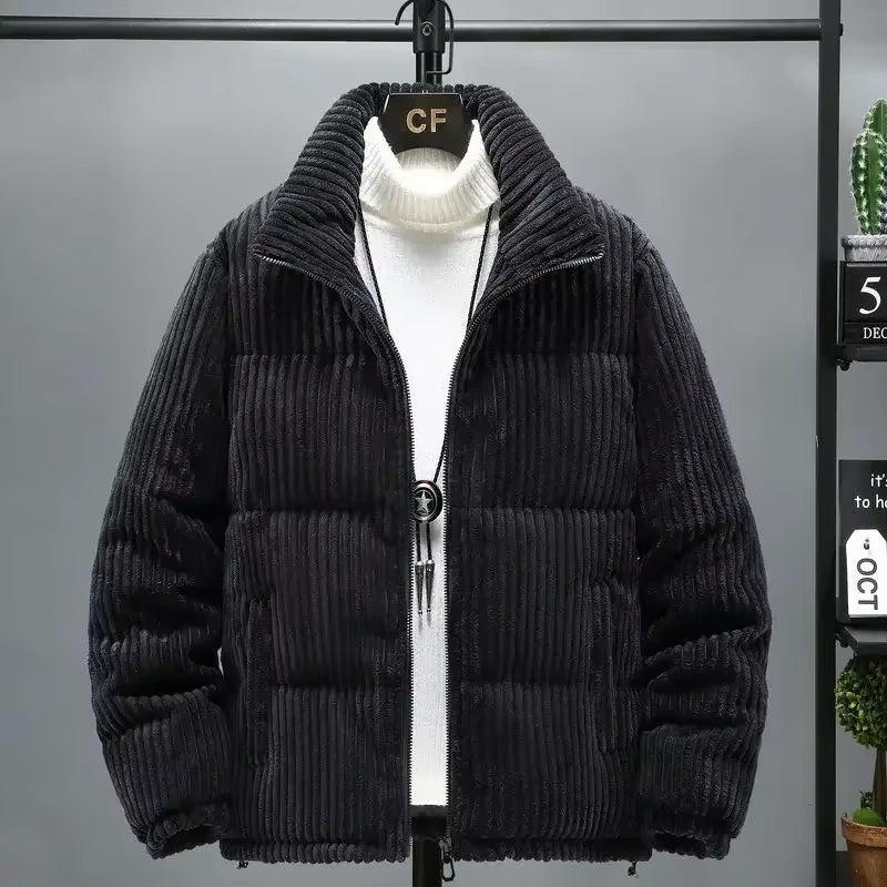 Unisex corduroy puffer jacket in classic tones with quilted texture and polished silhouette for cool weather