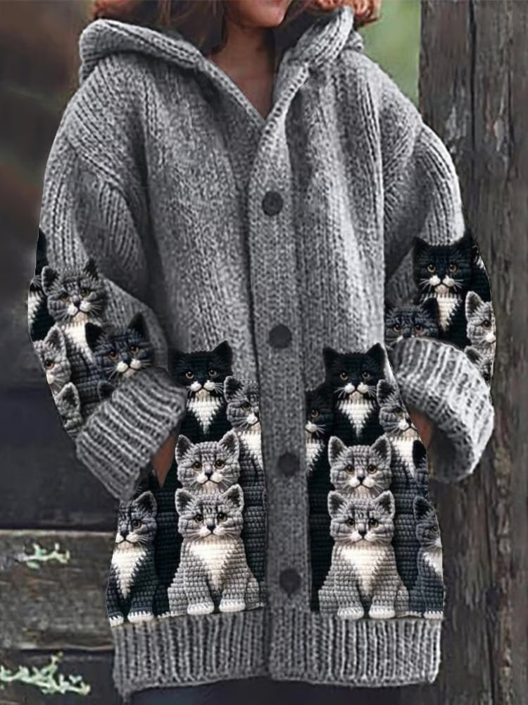 Women's soft cat motif cardigan regular-fit knit sweater in neutral tones with whimsical feline print