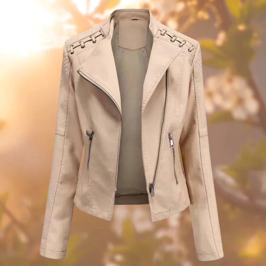 Women's fitted perfecto jacket Petra in timeless chic style, tailored silhouette all-season essential