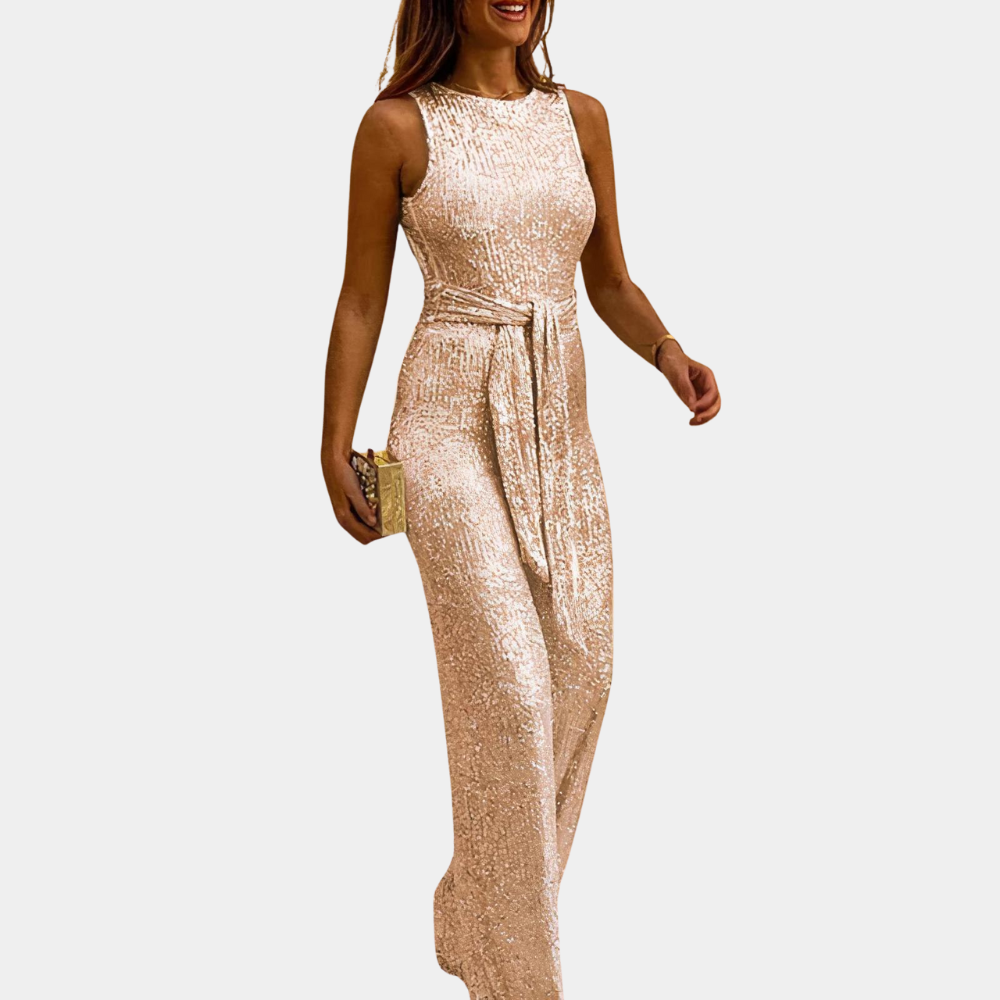 Women's silver sequined jumpsuit elegant wide-leg cut sparkling evening formal wear