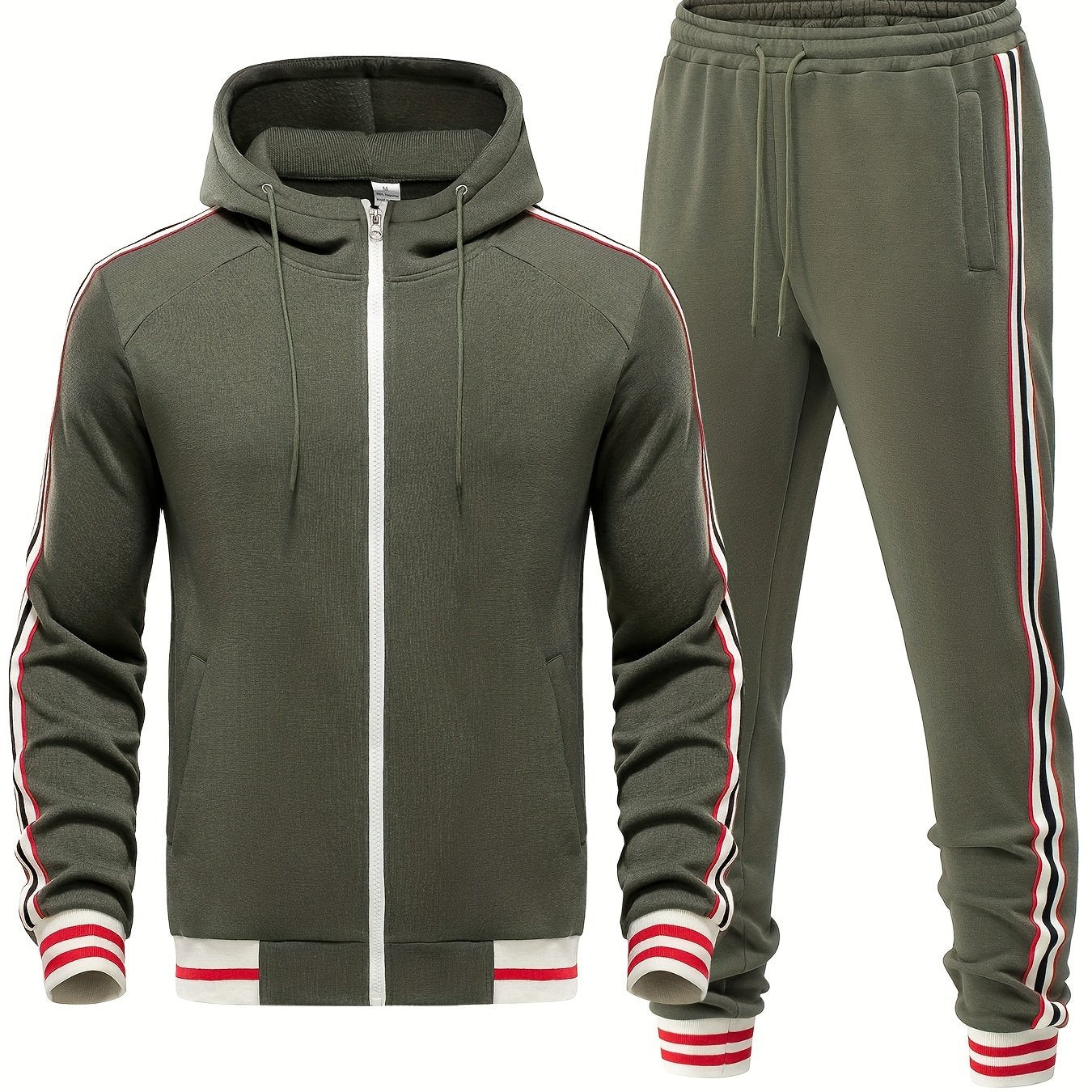 Men's gray hooded tracksuit two-piece set with full zip closure and sporty stripe detailing