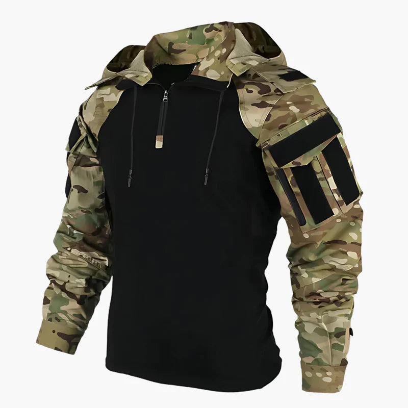 Men olive green military-style windproof outdoor jacket with adjustable hood for hiking and urban wear