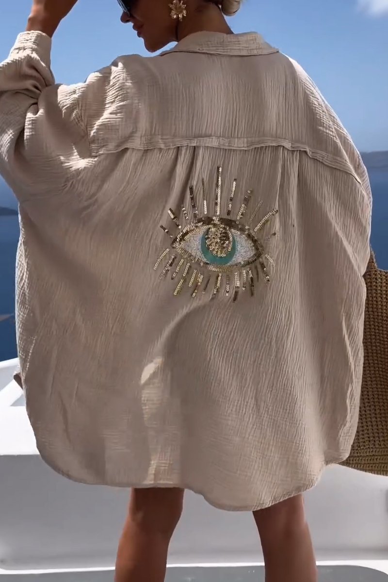 Women's white cotton casual sequin beaded shirt with sparkling embellishments and regular fit