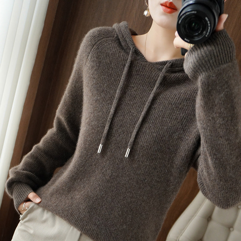 Women's Maya cashmere blend hoodie soft winter pullover with drawstring hood and ribbed knit detail