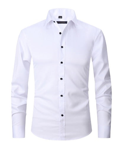 Men's slim-fit stretch dress shirt in solid blue, wrinkle-resistant fabric for all-day professional comfort
