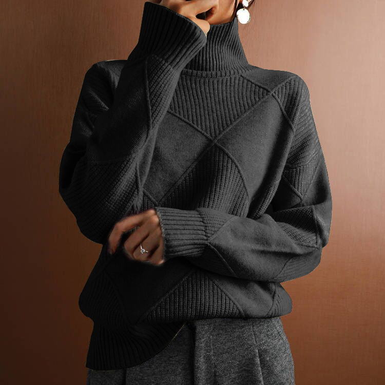 Women's loose ivory turtleneck sweater thick lozenge knit long sleeve cozy winter top