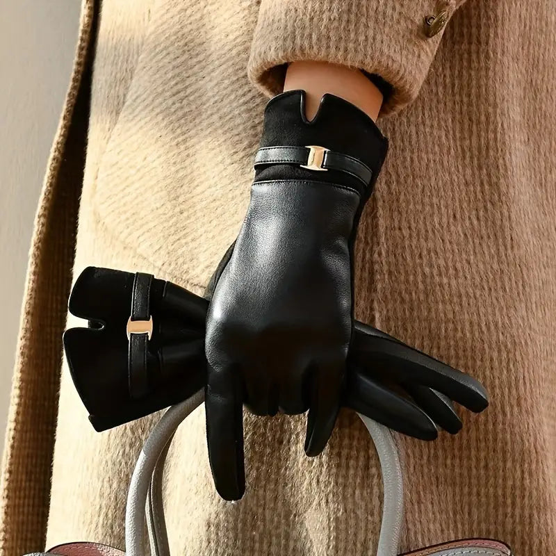 Léa unisex black waterproof synthetic leather full-finger gloves with warm soft lining for winter