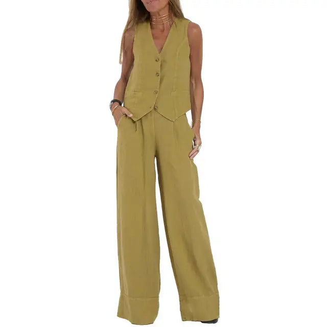 Women's chic relaxed two-piece vest and matching pants set in coordinated color, elegant loungewear