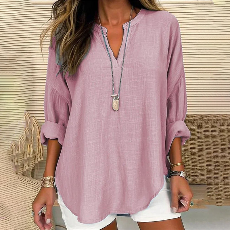 Women loose fit V-neck long sleeve solid color cotton blend casual blouse for spring layering