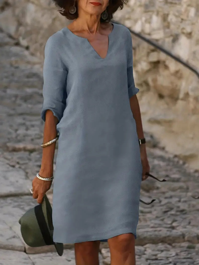 Women's casual relaxed fit three-quarter sleeve dress in soft drape silhouette for all-day comfort