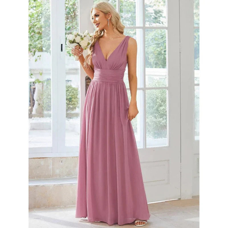 Zahraa elegant black sleeveless long dress with flattering V-neckline for all occasions