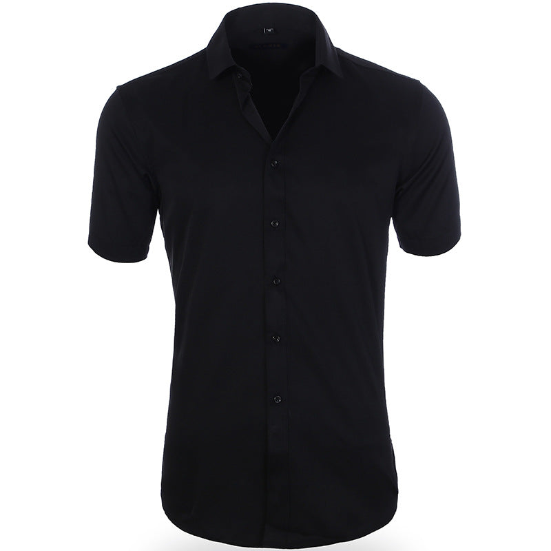 Men's light blue wrinkle-resistant short sleeve shirt with breathable stretch fabric for all-day comfort