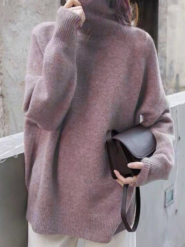 Women's beige relaxed-fit knit turtleneck sweater with soft cozy fabric for everyday layering