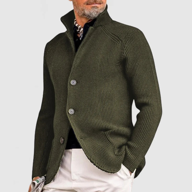 Men's navy knit cardigan long sleeve Nordic style with button closure for cozy layering