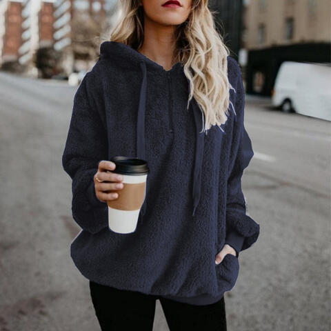 Unisex fluffy fleece hoodie in cozy neutral tones, relaxed casual fit with plush soft texture for cold days