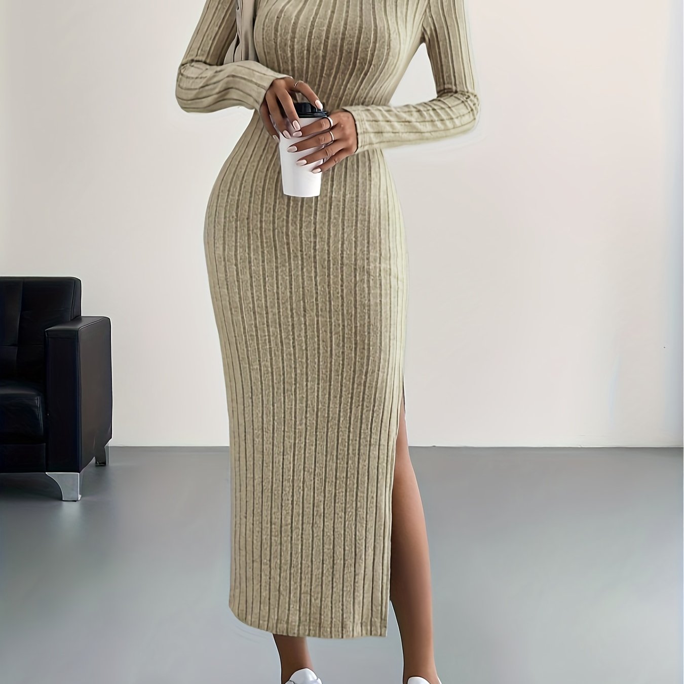 Women's striped ribbed maxi dress long sleeve side slit fitted silhouette casual elegant style
