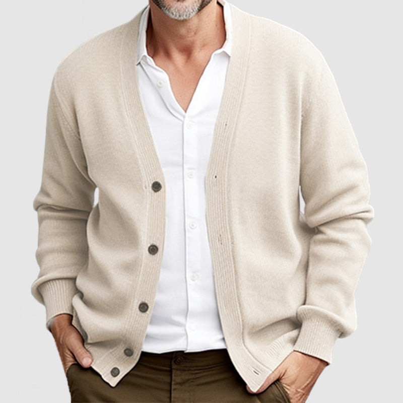 Men's classic knit V-neck sweater with button placket, versatile layering style for everyday wear