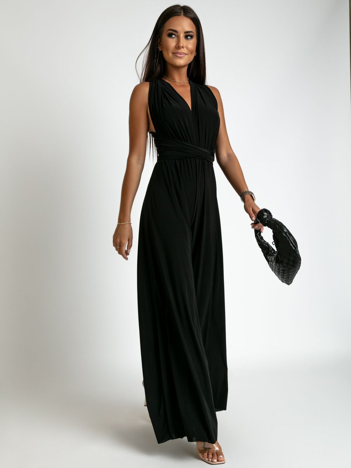 Black deep V-neck backless sleeveless jumpsuit elegant evening wear bold silhouette for women