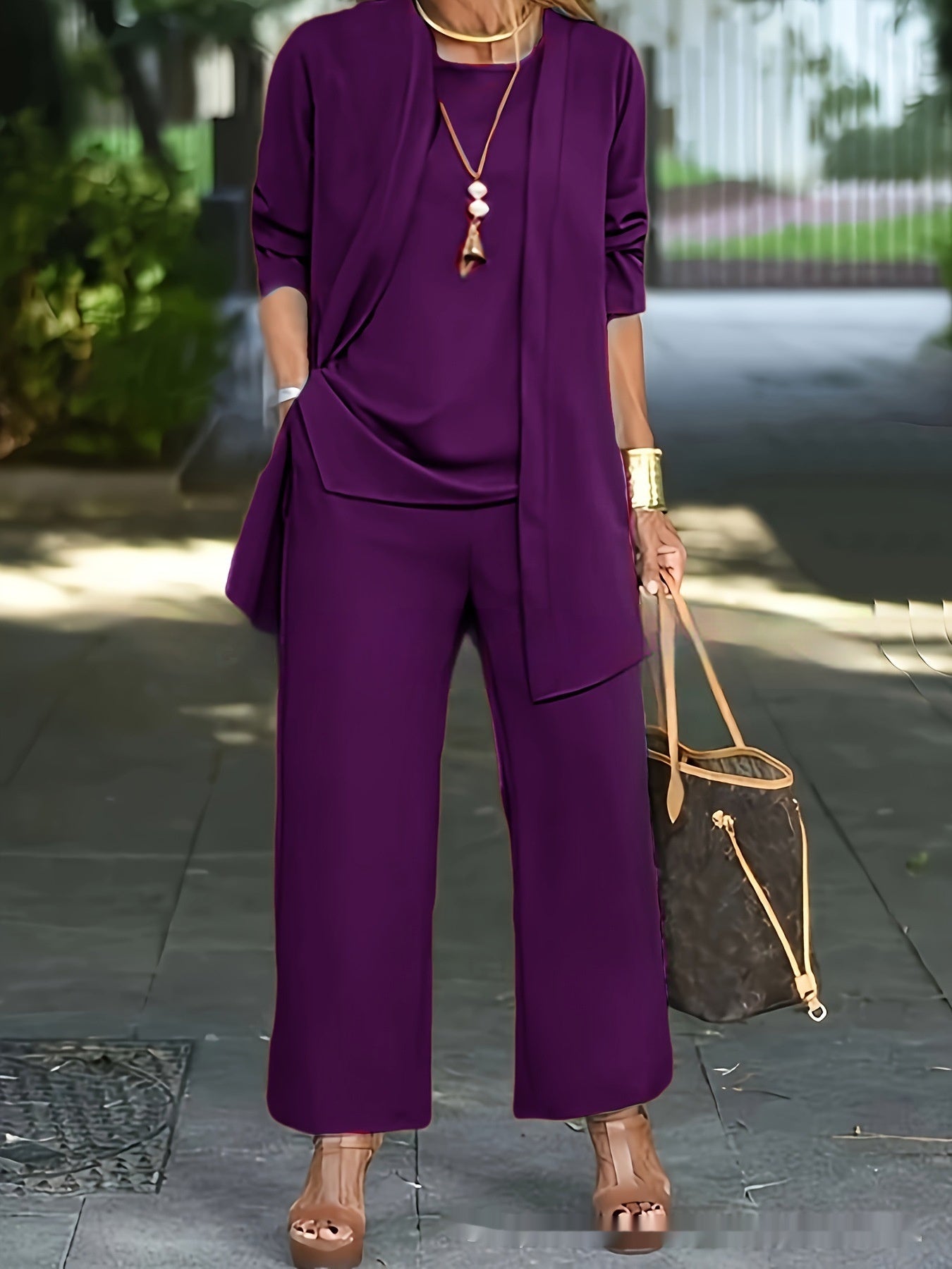 Women's elegant white sleeveless top, long jacket & wide-leg pantsuit set with round neckline