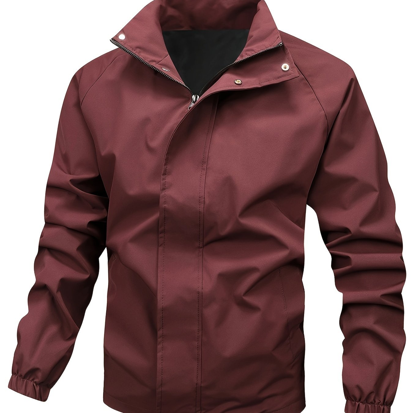 Black men's slim smart jacket with elegant stand-up collar, regular length, solid polyester