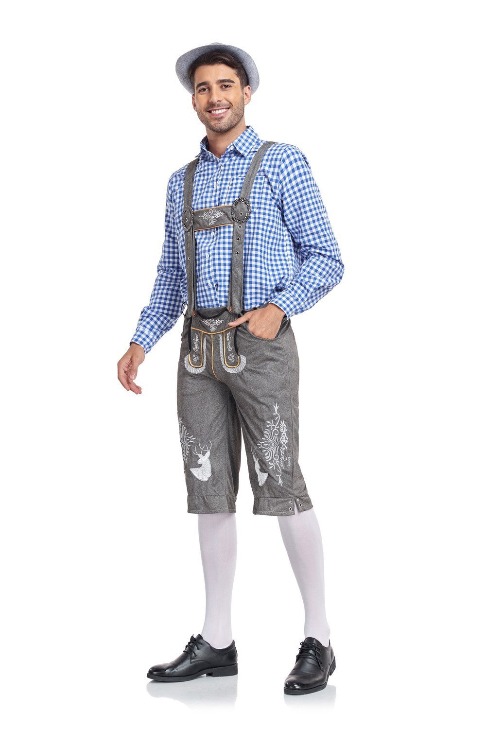 Men's traditional Oktoberfest Lederhosen costume set with suspenders in green, blue, or red
