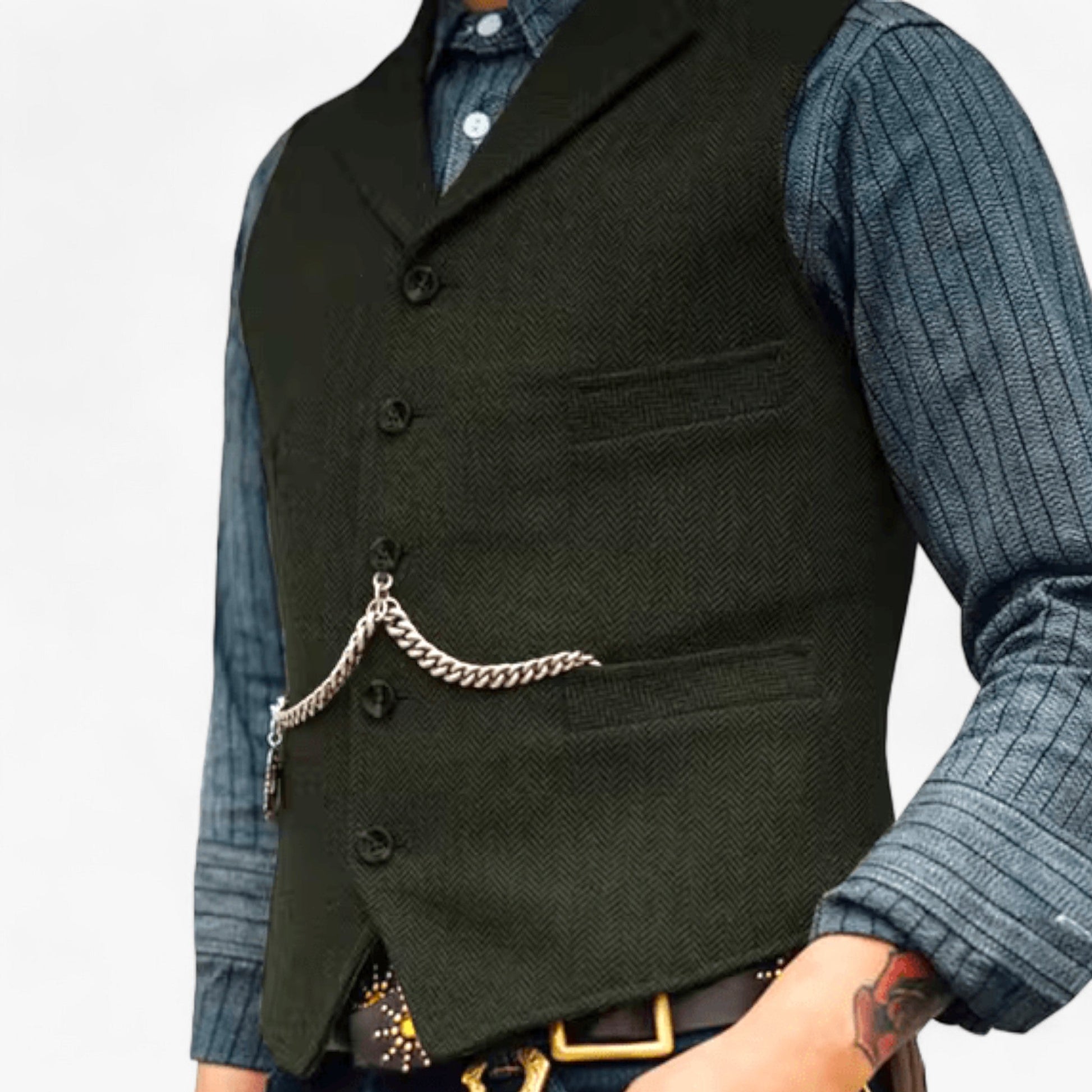 Navy blue men's fitted suit vest with decorative vintage-inspired chain detail, urban chic style