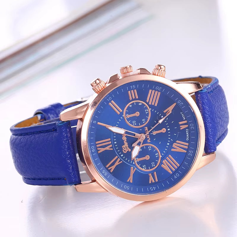 Geneva women's chronograph watch bold color dial gold case vibrant strap Roman numeral fashion timepiece