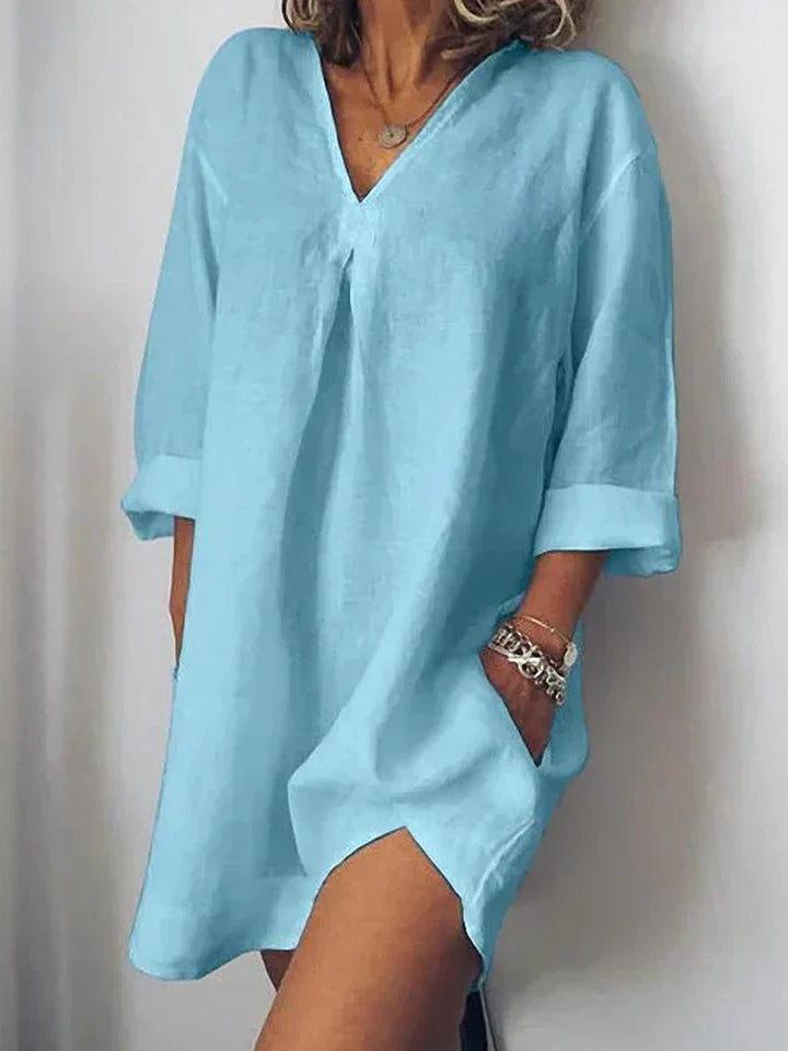 Women's relaxed fit linen dress V-neck short sleeves breathable natural texture casual everyday style